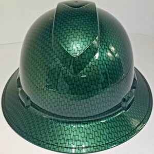 Full brim hydro dipped custom hard hat in BIG MONEY GREEN metallic carbon fiber big weave