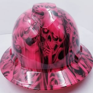 Full brim hydro dipped custom hard hat dipped in hot PINK HEAR No SEE no evil skulls
