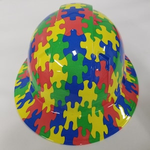 Full Brim Hard Hat custom hydro dipped Autism Awareness Puzzle Pieces