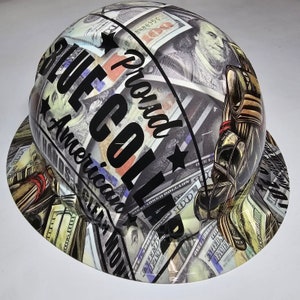 full brim hard hat custom hydro dipped In BLUE COLLAR Dirty Hands CLEAN Money