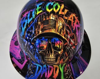 Wet works imaging Full Brim Hard Hat , blue collar daddy custom hydro dipped ,