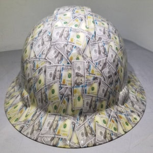 Full brim hydro dipped custom hard hat in hundred dollar bills , hundos big money grip osha approved