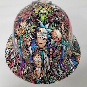 Full brim hydro dipped custom hard hat in LATE NIGHT CARTOON