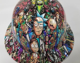 Full brim hydro dipped custom hard hat in late night cartoon white osha approved