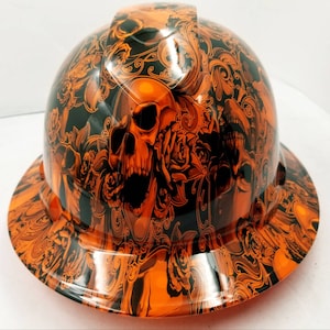 Full brim hydro dipped custom hard hat in orange skulls n roses  osha approved