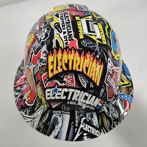 Full  Brim Hard Hat custom hydro dipped in electrician sticker bomb