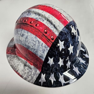 Full  Brim Hard Hat custom hydro dipped in American metal usa flag riveted