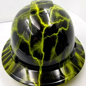 Full brim hydro dipped custom hard hat in HIVIS GREEN LIGHTNING