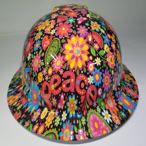 Full Brim Hard Hat custom hydro dipped in peace flowers love edition
