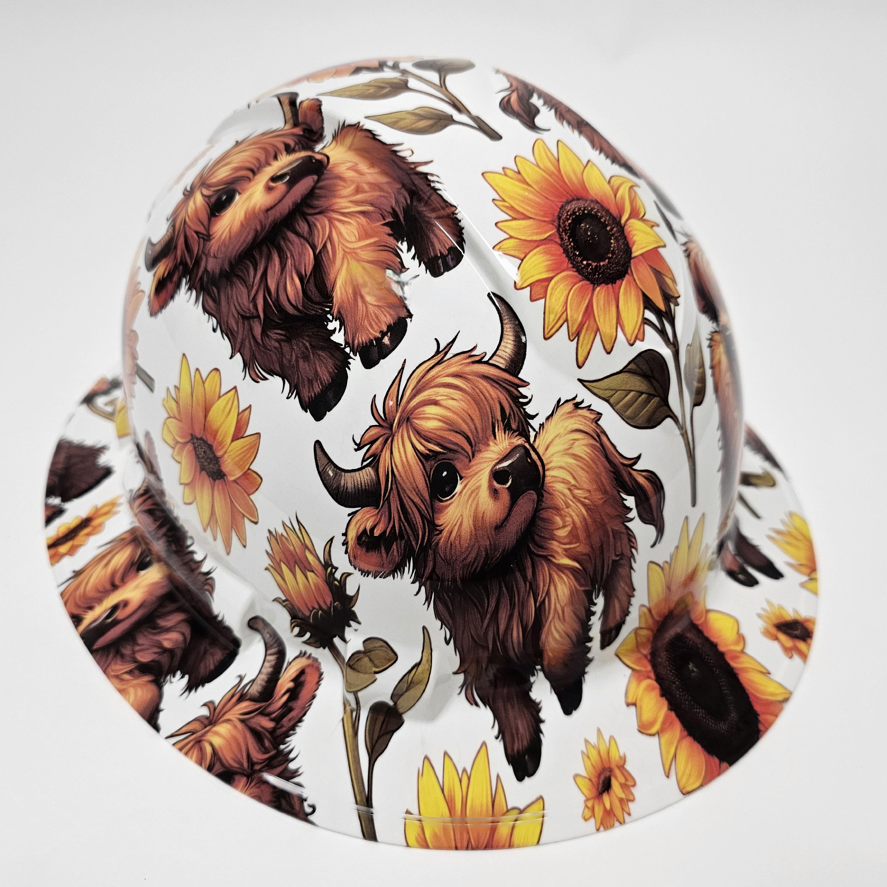 Full  Brim Hard Hat custom hydro dipped in highland cows sunflower fields
