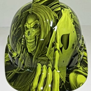 CAP  hydro dipped custom hard hat in Lime Green Ace of Skulls osha approved