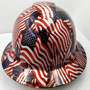 Full brim hydro dipped custom hard hat in American steel , metallic USA flags