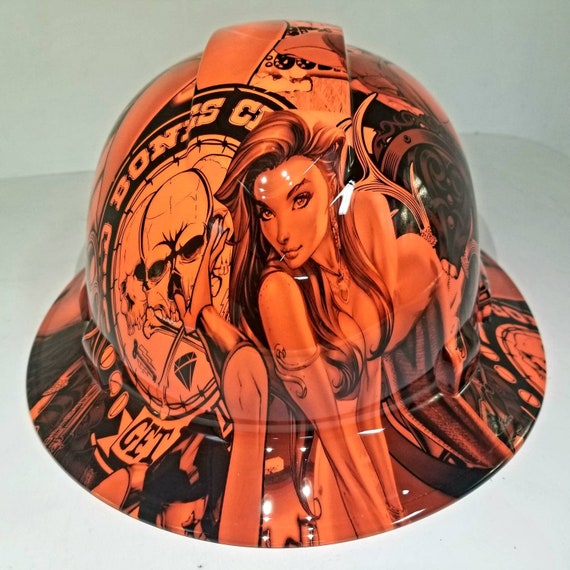 Full brim hydro dipped custom hard hat in orange bad bones osha approved