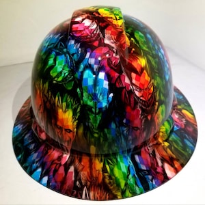 Full brim hydro dipped custom hard hat dipped in JOKERS ON ACID