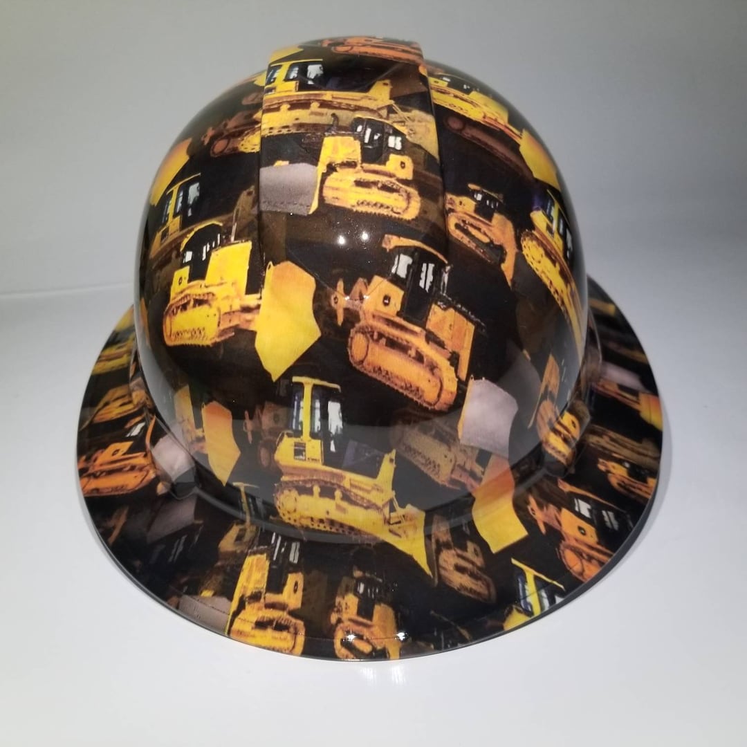 Full Brim Hydro Dipped Custom Hard Hat in Bulldozers Heavy Equipment