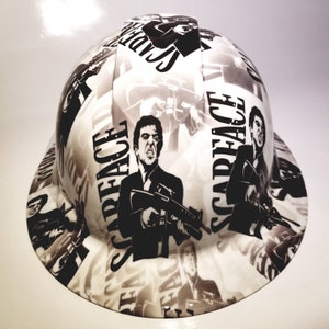Full Brim Hard Hat custom hydro dipped in Scarface,  say hello to my little friend