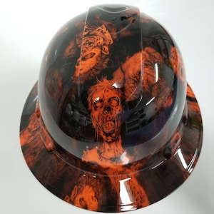 Full brim hydro dipped custom hard hat in Hi Vis  Orange Bio Hazard osha approved