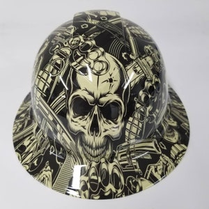 Full Brim Hard Hat custom hydro dipped in old school skulls and mayhem bone