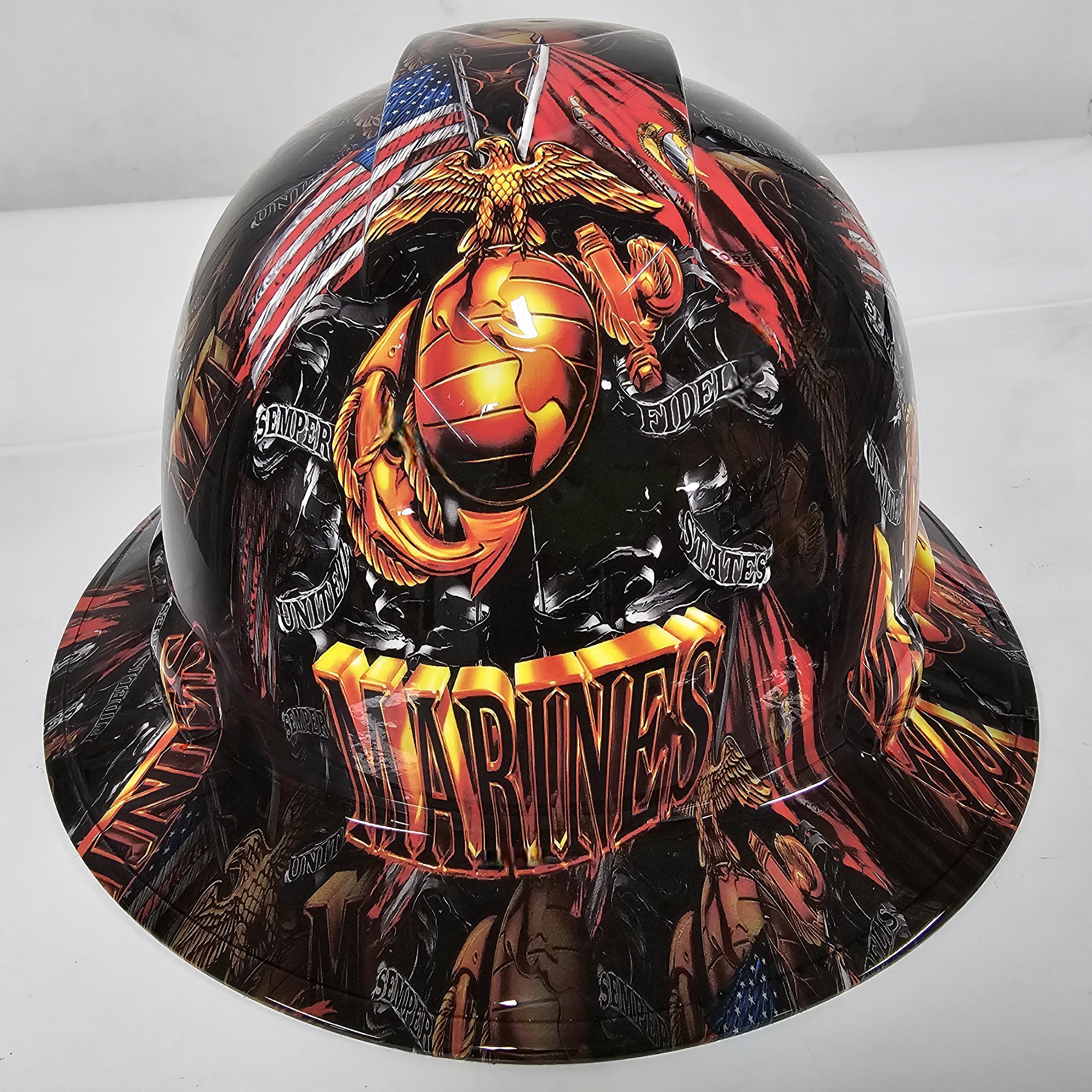 Full  Brim Hard Hat custom hydro dipped in marines semper fi armed forces
