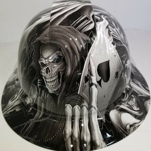 Full brim hydro dipped custom hard hat in WHITE ACE  of SKULLS