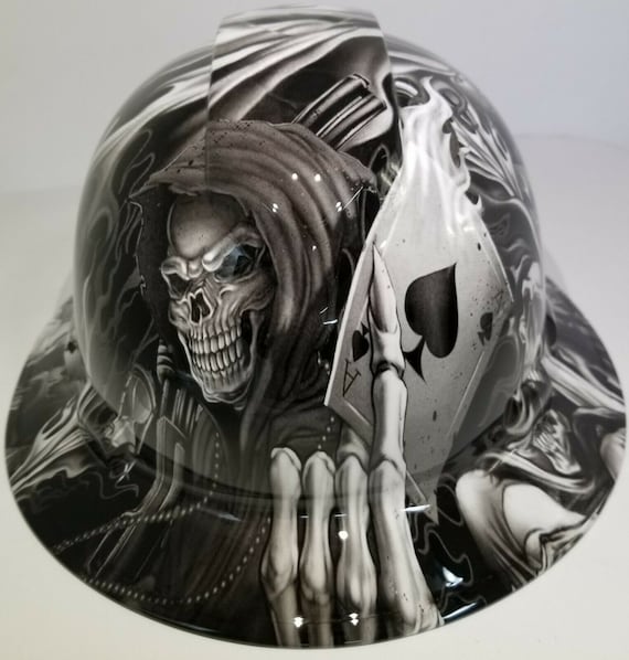 Full Brim Hydro Dipped Custom Hard Hat in WHITE ACE of SKULLS