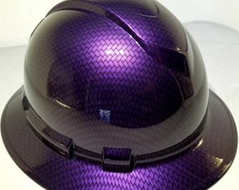 Full brim hydro dipped custom hard hat in mopar plum crazy purple big weave carbon fiber osha approved