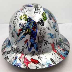 Full brim hydro dipped custom hard hat, dipped in rock zombie new awesome details rocker looking hat