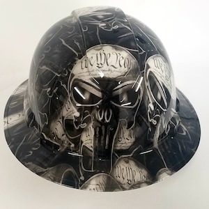 Full brim hydro dipped custom hard hat in we the people SKULLS  b+w edition  osha approved