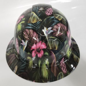 full brim hard hat custom hydro dipped in  HUMMINGBIRD PARADISE FLOWERS
