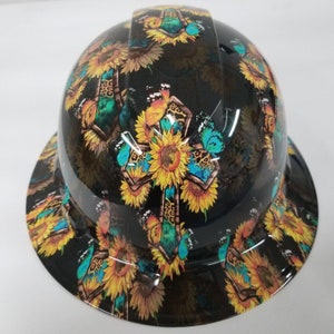 New Full Brim Hard Hat custom hydro dipped SUNFLOWER CROSS W/ BUTTERFLIES