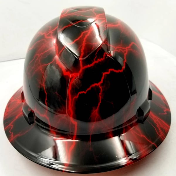 Full brim hydro dipped custom hard hat in candy red lightning  osha approved lightning rod red