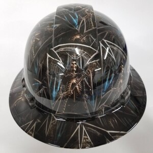 Full brim hydro dipped custom hard hat in grim reaper Maltese cross