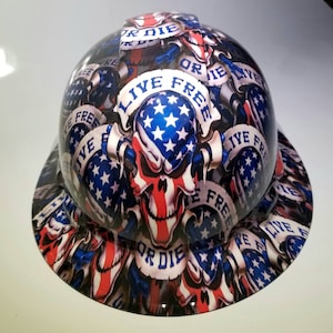 Full brim hydro dipped custom hard hat in LIVE FREE or DIE usa