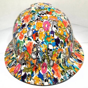 Full brim hydro dipped custom hard hat in Simpson&#39;s  sticker bomb super cool osha approved
