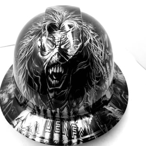 Full brim custom hard hat hydro dipped in IRON MADIEN silver N black