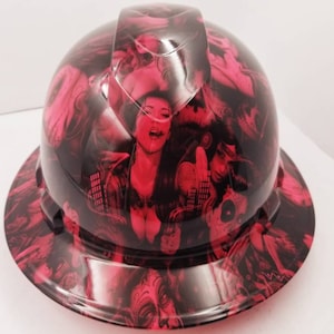Full brim hydro dipped custom hard hat dipped in Hot PINK TATOO BABES