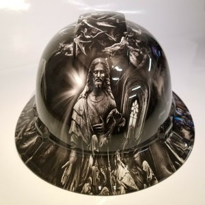 Full brim hydro dipped custom hard hat in Jesus With Angels osha approved
