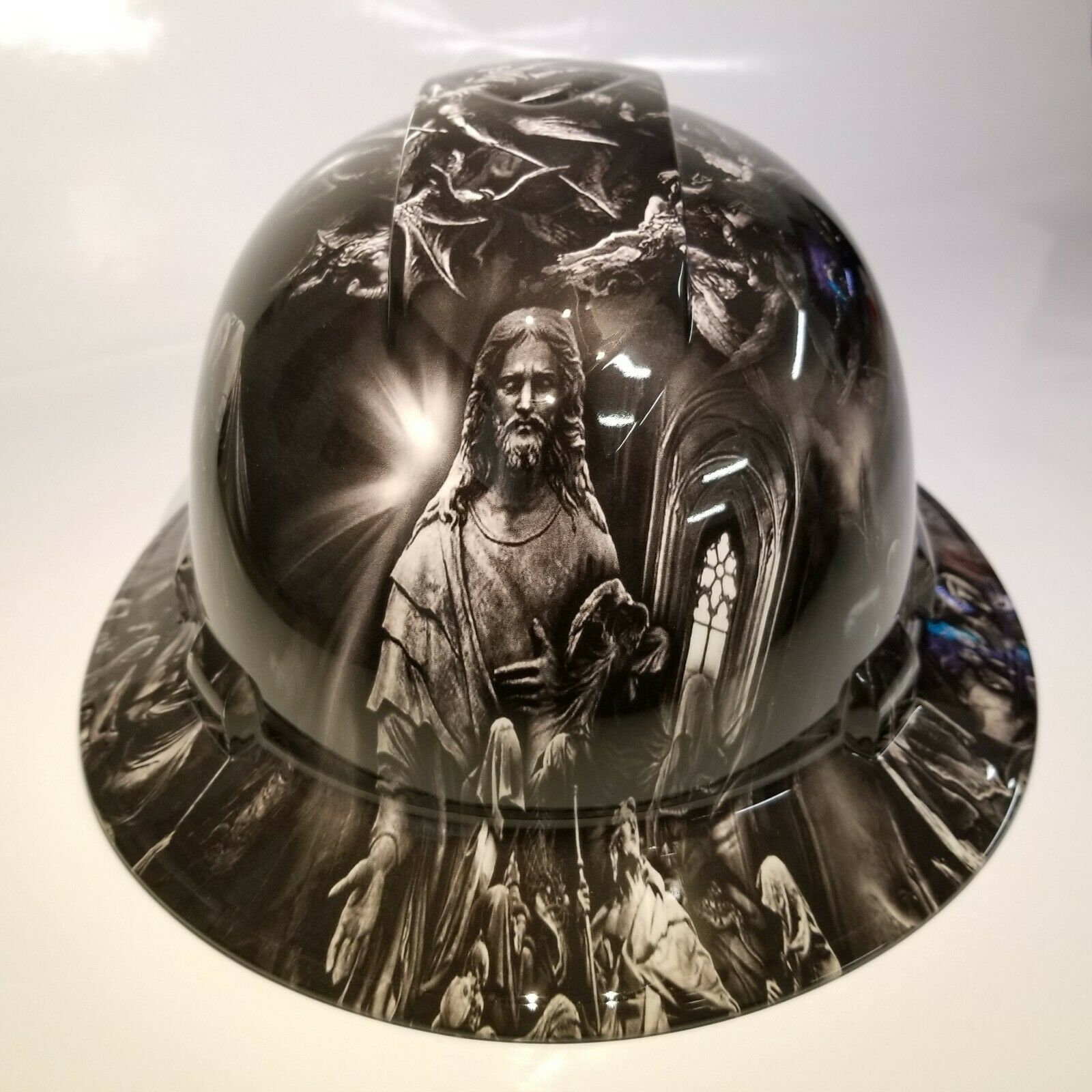 Full brim hydro dipped custom hard hat in Jesus With Angels osha approved