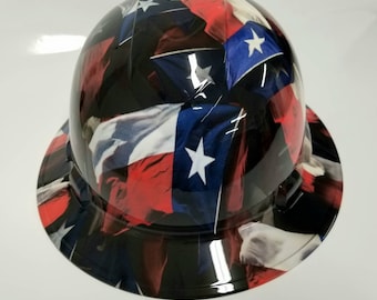 Full brim hydro dipped custom hard hat in big Texas flag Texas strong osha approved