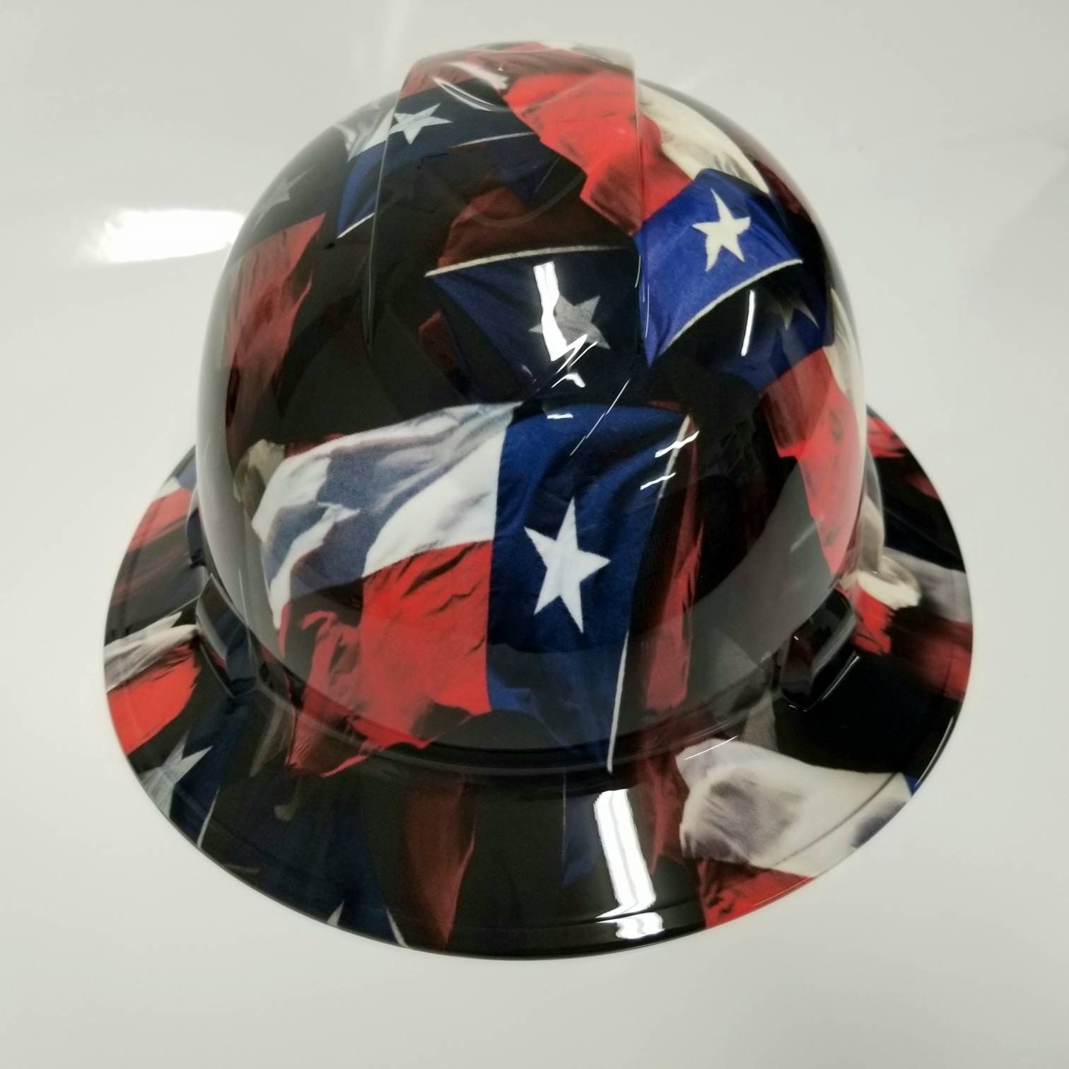 Full brim hydro dipped custom hard hat in big Texas flag Texas strong