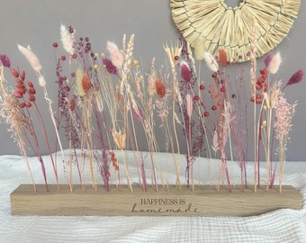 Trockenblumen Blumenleiste aus Eiche personalisiert - Blumenwiese Holz mit Spruch, Geschenkidee Einzug Geburtstag Holzleiste Wohnzimmer Deko