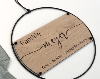 Familie Türkranz, Familienschild, Türschild personalisiert, Hochzeitsgeschenk, Namensschild Holz, Haustürschild Namen Eiche Holzschild Ring