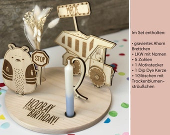 Baustelle 3D Geburtstagsbrett personalisiert | Geburtstagsbrettchen mit Dip Dye Kerze & Trockenblumensträußchen | Geburtstagsteller
