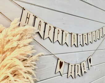 Wooden pennant banner, "Happy Birthday" birthday garland, wooden birthday decoration, party decoration