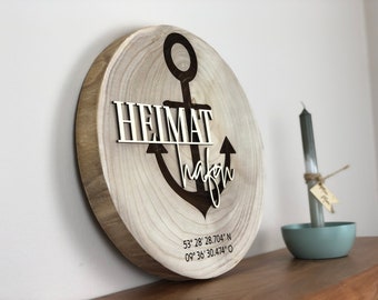 Heimathafen Baumscheibe personalisiert mit Koordinaten, maritime Holzscheibe Wanddekoration, Geschenk Hausbau, Einzug, Hochzeit, Richtfest