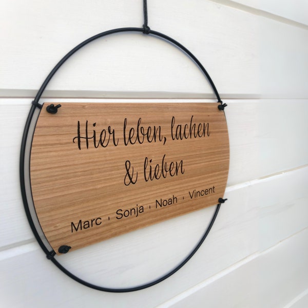 leben, lachen & lieben personalisiertes Türschild, Familienschild Türkranz aus Holz mit Namen graviert im Metallring, Holzschild Geschenk