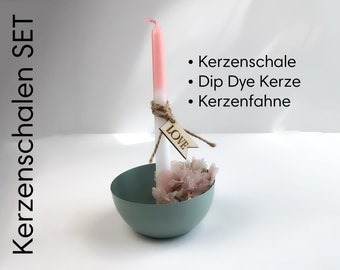 Dip Dye Kerzen-Set handgezogen | Set bestehend aus 1x Kerzenschale „Milu“ in Salbei und 1x Dip Dye Kerze mit Fähnchen Deiner Wahl