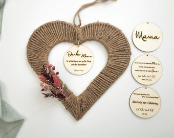 Geschenk Muttertag | Trockenblumenkranz Juteherz Herz | Mama | Oma | mit personalisierten Holzschild | Sisal Herz | Wandkranz |  Pampasgras