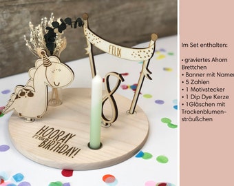 3D Banner Geburtstagsbrett personalisiert | Geburtstagsbrettchen mit Dip Dye Kerze & Trockenblumensträußchen | Geburtstagsteller