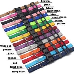 May include: Assortment of 16 colourful adjustable dog collars with black plastic buckles. Colours include brown, pink, black, light pink, blue, neon green, green, yellow, wine red, purple, grey, orange, red, light blue, and navy blue.